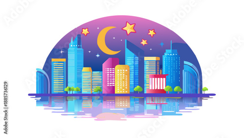 A modern city skyline with skyscrapers decorated with giant neon crescent moons and stars reflecting in a waterfront. No text.