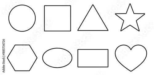Line art geometric shapes set featuring basic forms and symbols for educational materials and graphic design