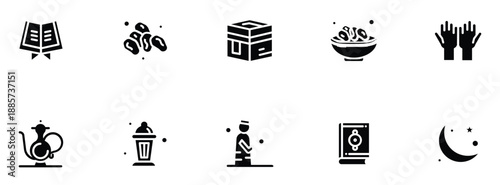 Black and white ramadan kareem icon set for graphic design