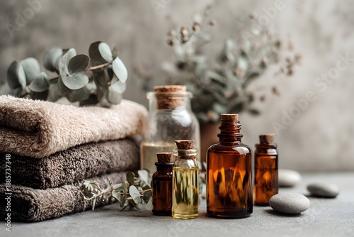 Aromatherapy essentials for relaxation spa setting still life cozy atmosphere close-up viewpoint