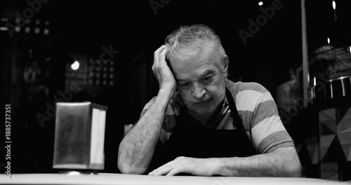 Older small business owner resting head on hand behind café counter conveying worry financial strain fatigue and quiet anxiety inside struggling neighborhood café in black and white