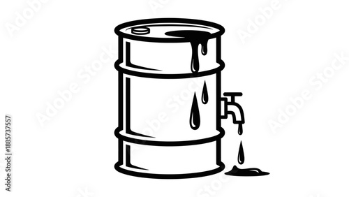 Black oil barrel with faucet dripping crude oil, industrial energy resource concept, isolated white background.