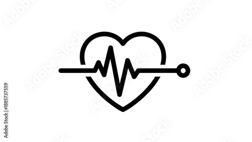 Outline heart with electrocardiogram heartbeat line and medical monitor connector, health technology symbol, isolated white background.