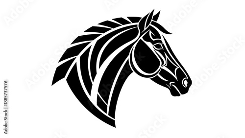 Stylized black horse head tribal art illustration, majestic animal symbol, isolated white background.