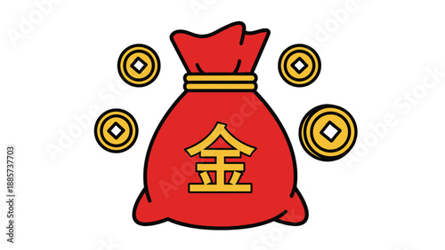 Red Chinese Money Bag with Gold 'Jin' Character and Coins, Wealth and Riches Concept, isolated white background