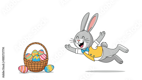 Happy grey Easter bunny wearing a yellow vest and blue bowtie jumping excitedly towards a basket full of colorful decorated eggs.