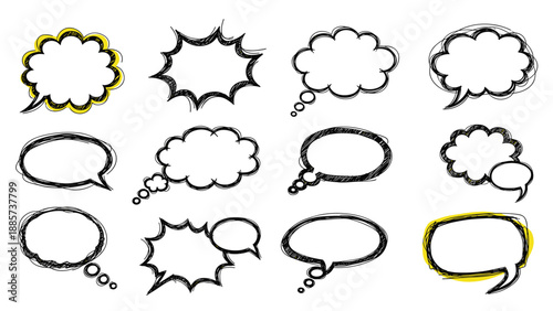 Set of sketchy hand drawn speech and thought bubbles with rough black outlines and yellow accents for creative design and communication.