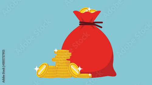 Red Money Bag Full of Gold Coins with Stacked Coins on a Light Blue Background