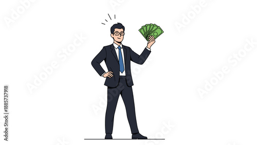 Confident man in a professional business suit holds a fan of green money while smiling with success on a plain white background.