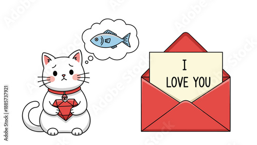 Sad white cat holding a heart shaped ruby thinks of a fish while standing next to a red envelope containing a letter with I love you text.