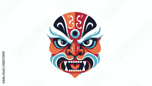 Fierce and Colorful Traditional Asian Tribal Mask on Isolated White Background, Intricate Cultural Demon Face Art