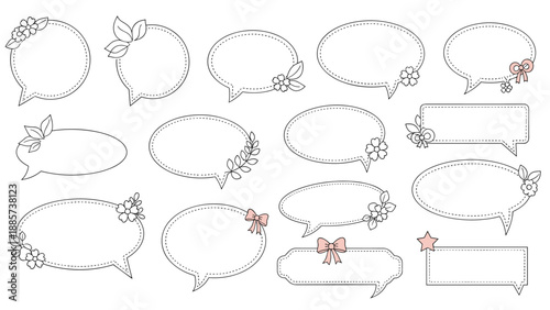 Set of delicate speech bubbles decorated with hand-drawn flowers, leaves, and ribbons in a soft feminine style.