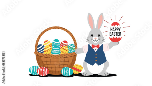 Cheerful Easter bunny wearing a dapper blue vest and red bow tie holding a large red egg with a happy greeting.