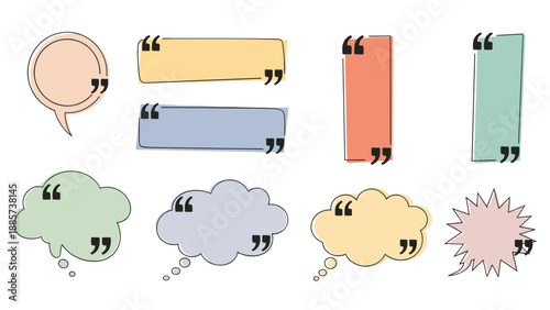 Collection of colorful quote boxes and speech bubbles in minimalist shapes for social media and website design.