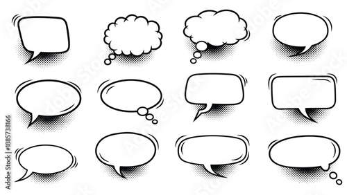 Collection of black and white speech and thought bubbles with halftone dot patterns and sketched outlines for retro designs.