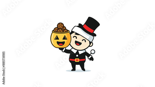 Smiling cartoon boy in a pilgrim costume holding a jack-o-lantern bucket filled with treats on a white background for autumn holidays.