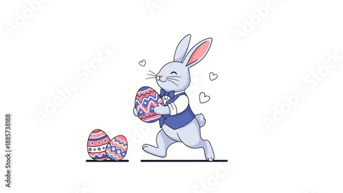Elegant blue rabbit wearing a formal suit and bow tie running happily while carrying a colorful patterned easter egg for a holiday event.