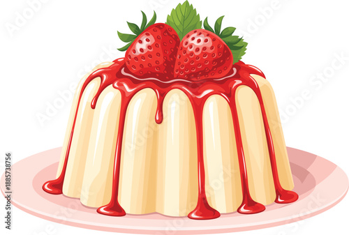 Delicious Strawberry Panna Cotta Pudding Dessert with Red Berry Syrup and Fresh Strawberries on a Pink Plate for Gourmet Menus and Pastry Shop Designs