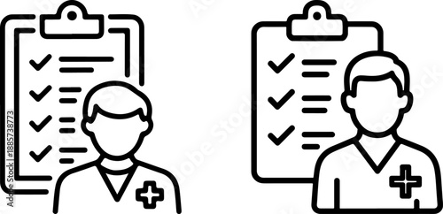 Medical Doctor with Exam Checklist Icon - Healthcare Professional and Patient Report