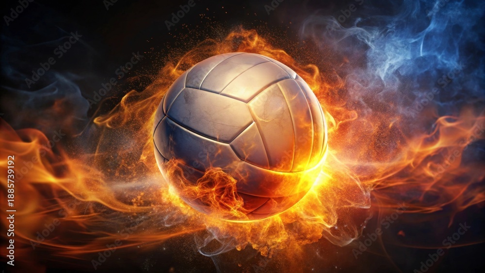 Fototapeta premium Fiery Volleyball Soaring Through Blazing Inferno, A Dramatic Sports Image of Intense Competition