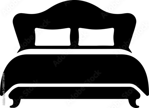 Double bed furniture icon, bedroom interior silhouette, luxury bed symbol for hotel and home decor, isolated vector.