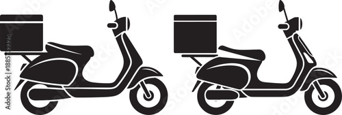 Two black silhouette icons of scooters with rear delivery boxes, representing food delivery, logistics, and urban transportation services.