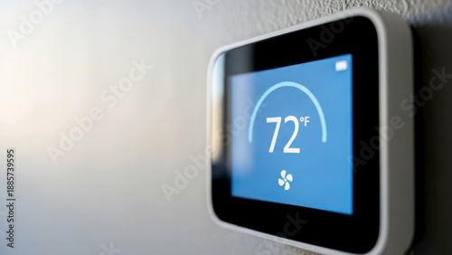 Modern digital thermostat displaying seventy two degrees fahrenheit with fan mode activated on screen.