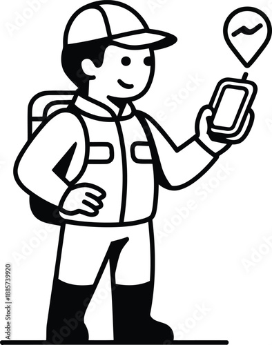 Traveler using gps navigation line art illustration.