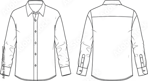 Classic long sleeve button-up shirt technical line illustration with front and back views, collar, cuffs, seams, and stitching details for apparel design