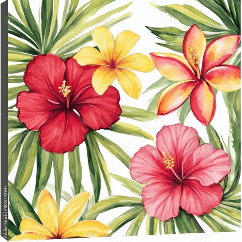 Vibrant hibiscus, plumeria tropical floral art print