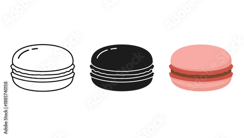 Three macarons in different illustration styles white black and colored on white background