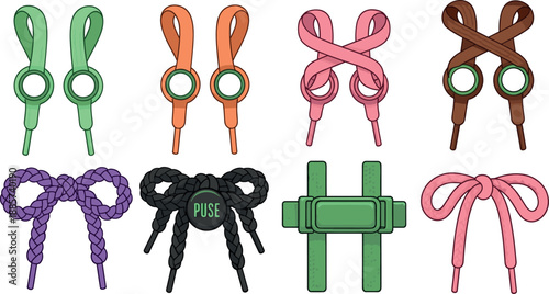 Colorful shoelace bow and knot collection footwear accessory illustration decorative shoe laces tying styles vector design isolated on white