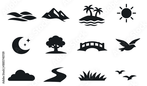 Simple silhouette nature icons set featuring natural landscape and weather elements for design projects