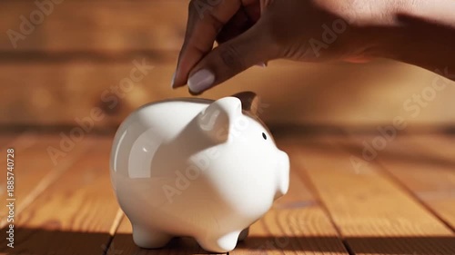 Saving Money Hand Depositing Coin into a White Piggy Bank, personal savings concept
