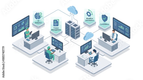 Isometric Healthcare SaaS Platform Illustration for Medical Data Management, Hospital Workflow Automation with AI Analytics, Cloud Computing, and Patient Records Administration