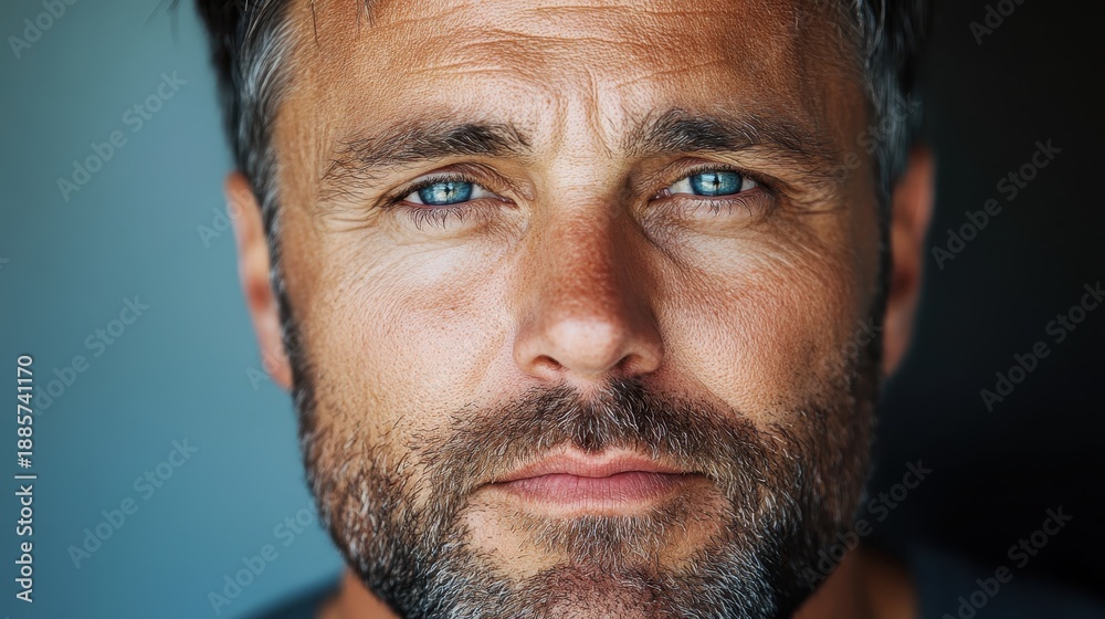Obraz premium An intense close-up of a bearded man showcases his striking blue eyes, reflecting deep thoughts and emotions that resonate with the viewer, inviting a connection in stillness.