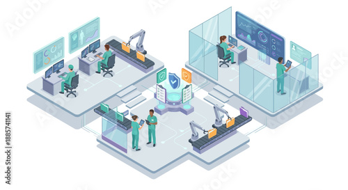 Isometric Medical SaaS Platform Illustration for Healthcare Automation, Data Security, and Digital Health Records with AI Robotic Arms and Clinical Workflow Management in Teal Style
