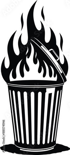 Dumpster fire sketch, symbolic trash can with flames representing chaos and failure - flat vector illustration