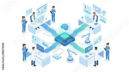 Isometric Medical SaaS Platform with Artificial Intelligence Brain and Doctors Analyzing Data. Smart Healthcare Technology, Digital Health Management, and Robotic Surgery Automation Illustration.
