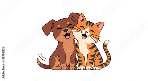 Adorable cartoon puppy and kitten joyfully hugging each other, symbolizing friendship, companionship, and the heartwarming bond between different animal species.