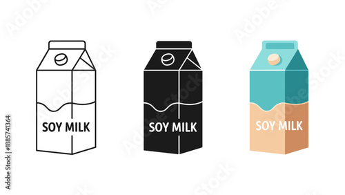 Three different styles of soy milk cartons outline solid black and colored representing dairy free