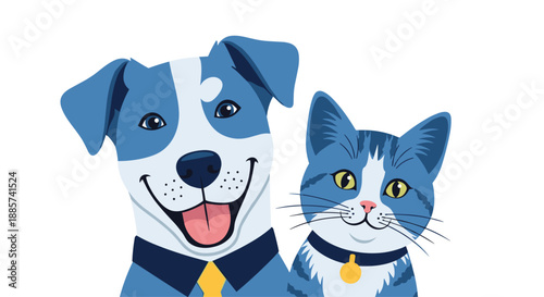 Cheerful cartoon dog and cat, both sporting shades of blue with collars, smiling broadly, representing friendly companionship and modern pet care in a playful style.
