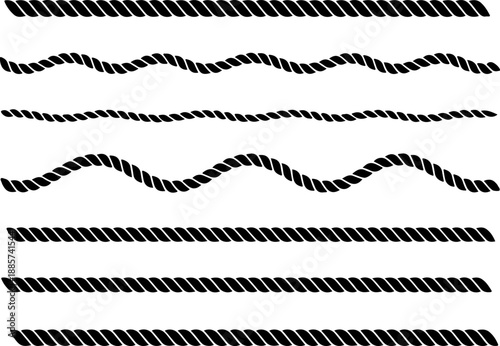 Nautical rope collection, decorative cord and twine lines, twisted fiber rope set for marine and nautical design, vector brushes.