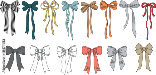 Decorative ribbon bow illustration set featuring colorful and outline styles, elegant tied bows for gift wrapping, fashion accents, and design decoration use