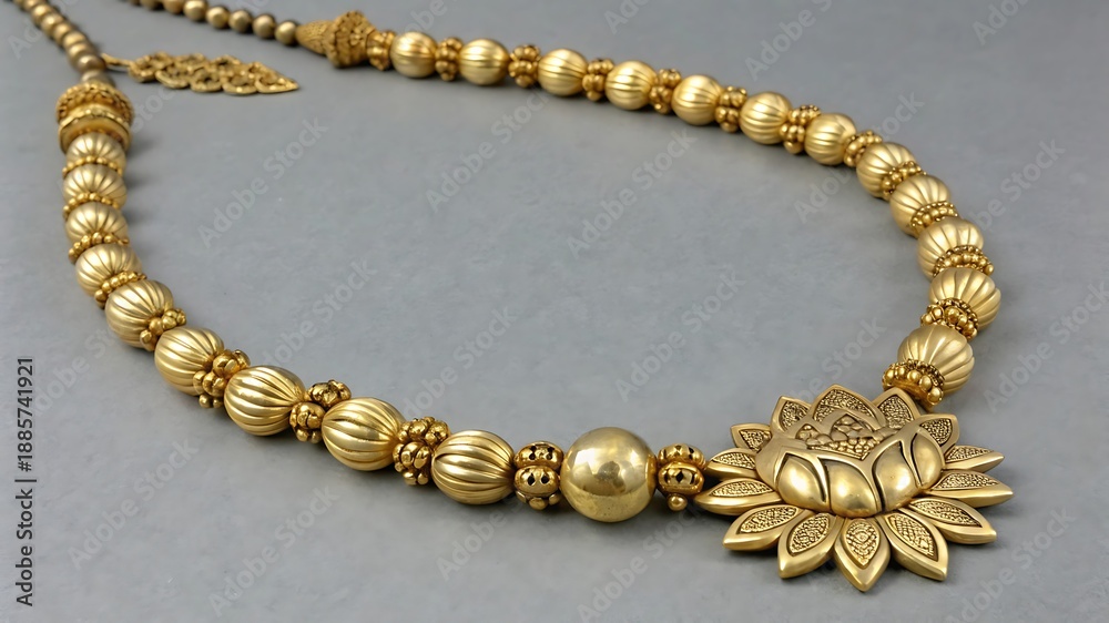 Obraz premium Intricate gold necklace with floral pendant and beaded chain