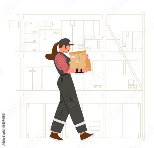 Woman warehouse worker in uniform carrying boxes with hand barcode laser scanner on her hand with line racks with goods at the background flat vector illustration isolated on white. Woman storekeeper.