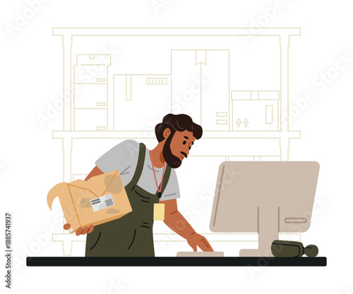 Warehouse worker writes off the product due to a defect flat vector illustration.