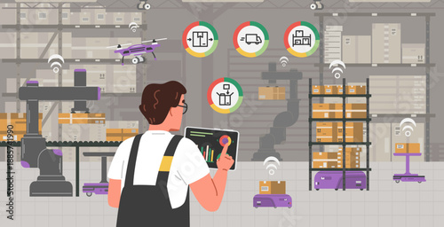 Smart warehouse logistics management concept flat vector illustration. Warehouse worker holding tablet monitors the main indicators such as delivery, picking, slotting, order tracking.
