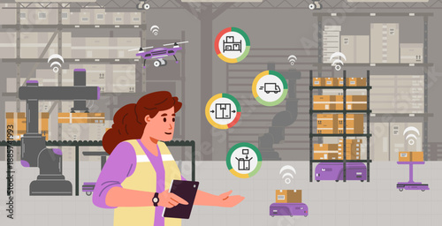 Smart warehouse logistics management concept flat vector illustration. Woman manager holding tablet monitors the main indicators such as delivery, picking, slotting, order tracking.