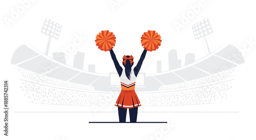 Dynamic cheerleader with bright orange pom-poms performing with vigor in a large stadium, seen from behind, encapsulating lively team support and festive energy.